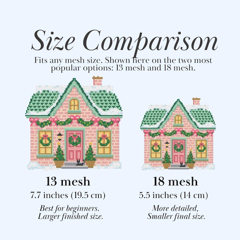 May include: A size comparison chart shows two cross-stitch house designs. The larger house is 7.7 inches (19.5 cm) and the smaller is 5.5 inches (14 cm). Text reads "Size Comparison" and "Fits any mesh size."