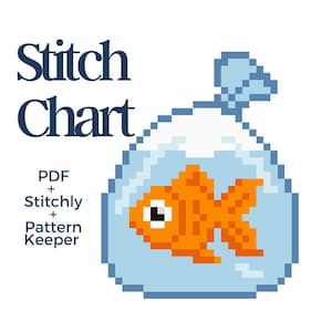May include: A pixelated orange goldfish in a blue plastic bag, with the words "Stitch Chart" in navy blue above. Below the text are the words "PDF + Stitchly + Pattern Keeper". The image is on a white background.