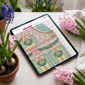 Garland Row House Needlepoint Chart Pair – Cross stitch Christmas Village Pattern, 13 Count Printable Canvas, Needlepoint Christmas Village image 9