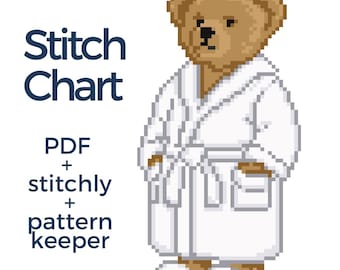 Puede incluir: Un gráfico de punto en pixel art que muestra un oso de peluche marrón con una bata blanca y zapatillas blancas. El texto dice Stitch Chart, PDF + stitchly + pattern keeper en letras azul oscuro sobre fondo blanco.