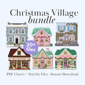 May include: A digital art bundle showcasing six pixelated Christmas village buildings. The buildings include a bookshop, a fish and chips shop, and houses with festive decorations. The image also includes the text "Christmas Village bundle" and "20+ files".