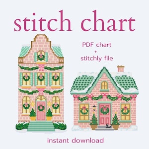 Puede incluir: Un gráfico de punto de cruz con dos casas rosas con tejados verdes y decoraciones festivas. La imagen incluye el texto "stitch chart", "PDF chart + stitchly file" y "instant download".