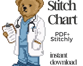 Puede incluir: Una ilustración en pixel art de un oso de peluche marrón vestido de médico con bata blanca, uniforme azul, estetoscopio y portapapeles. El texto dice Stitch Chart, PDF+ Stitchly e instant download.