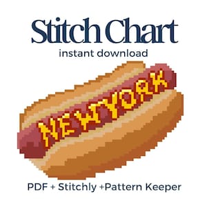 May include: A pixel art illustration of a hot dog in a bun with the word NEW YORK written in yellow across the sausage. The text Stitch Chart appears above the hot dog, and the text PDF + Stitchly + Pattern Keeper appears below.
