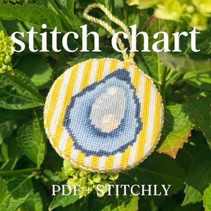 Könnte beinhalten: Runder, gestickter Schmuck mit gelb-weiß gestreiftem Hintergrund und blauem Austerndesign. Der Schmuck trägt die weißen Schriftzüge "stitch chart" und "PDF + STITCHLY". Ein weiß-gelbes Seil ist zum Aufhängen befestigt.