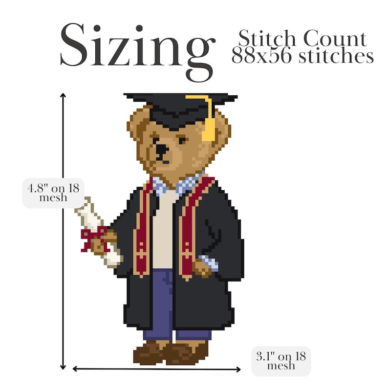 May include: Pixelated image of a graduation teddy bear wearing a black cap and gown with red and gold accents. The bear holds a diploma. The image is 4.8 inches tall and 3.1 inches wide on 18 mesh.