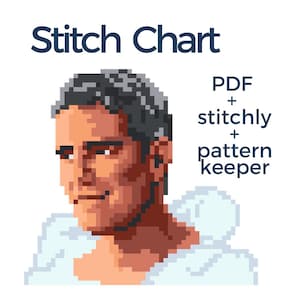 May include: Pixelated image of a person's face with the text "Stitch Chart" above. Additional text reads "PDF + stitchly + pattern keeper". The image is primarily white, with the person's face rendered in shades of brown, gray, and white.