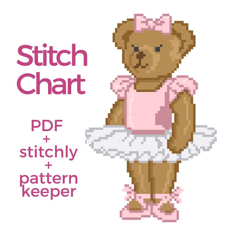 Puede incluir: Una ilustraci&oacute;n en pixel art de un oso de peluche marr&oacute;n con un maillot rosa, un tut&uacute; blanco, un lazo rosa en la cabeza y zapatillas de ballet rosas. El texto Stitch Chart, PDF + stitchly + pattern keeper aparece en rosa oscuro a la izquierda.