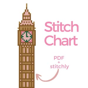 May include: A cross-stitch pattern of the Big Ben clock tower in brown and pink pixelated design. The clock face is green and pink. The words "Stitch Chart" are in pink, with "PDF + stitchly" below.