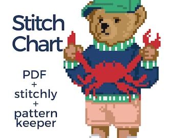 Puede incluir: Ilustración pixelada de un oso con gorra verde, suéter azul con diseño de cangrejo rojo y pantalones cortos rosas. También está presente el texto "Stitch Chart" y "PDF + stitchly + pattern keeper".