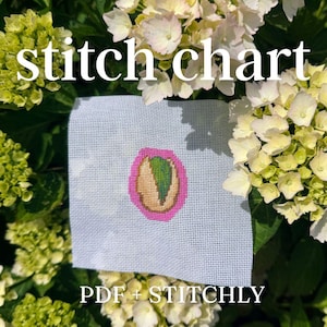 May include: A white square needlepoint canvas featuring a cross-stitched pistachio nut with a green center and tan shell, surrounded by a bright pink border. The text stitch chart and PDF + STITCHLY are printed in white over the image.