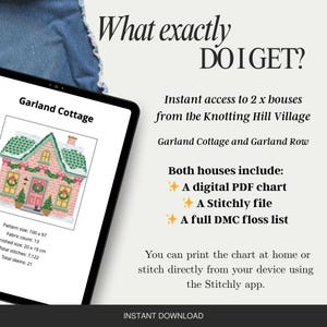 Garland Row House Needlepoint Chart Pair – Cross stitch Christmas Village Pattern, 13 Count Printable Canvas, Needlepoint Christmas Village image 2