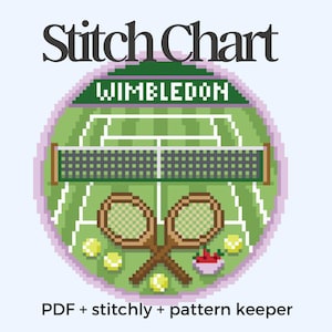 May include: A pixelated stitch chart design featuring a tennis court with a net, crossed rackets, and tennis balls. The word "Wimbledon" is displayed above the court. The text "Stitch Chart" is at the top, and "PDF + stitchly + pattern keeper" is at the bottom.