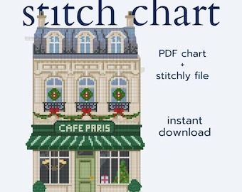 Schema per ricamo a punto croce del villaggio natalizio del Paris Café – Schema delle casette di Natale per il villaggio delle feste – PDF + File Stitchly – Ricamo digitale