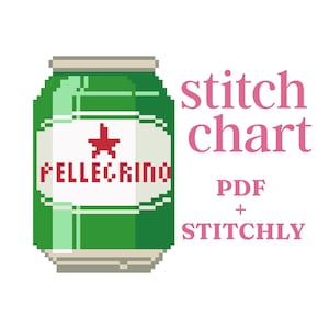 Peut inclure: Une illustration en pixel art d'une canette de soda verte avec une étiquette blanche arborant une étoile rouge et le texte PELLEGRINO. À droite, le texte rose indique stitch chart, PDF, +, et STITCHLY. Le design a un aspect numérique.
