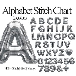 2-farbige Stickerei Alphabet Stickmuster | A–Z Buchstaben, Zahlen & Symbole | Anfängerfreundliches PDF + Stitchly