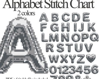 2-farbige Stickerei Alphabet Stickmuster | A–Z Buchstaben, Zahlen & Symbole | Anfängerfreundliches PDF + Stitchly