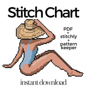 Può includere: Uno schema a punto croce in pixel art con una figura in costume da bagno blu e cappello da sole color cuoio. Il testo recita: Stitch Chart, PDF + stitchly + pattern keeper, instant download. La figura è seduta di profilo con un braccio.