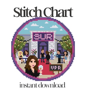 Könnte beinhalten: Ein kreisförmiges Pixel-Art-Kreuzstichmuster mit dem Titel Stitch Chart, das ein Restaurant-Exterieur mit dem Text SUR und VPR zeigt. Die Szene umfasst einen roten Teppich, Außenbestuhlung mit Gästen und eine zentrale Figur mit Weinglas.