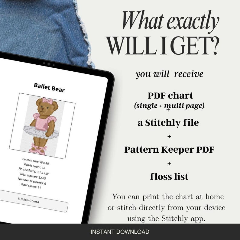 Puede incluir: Una pantalla de tableta digital que muestra un patr&oacute;n de punto de cruz Ballet Bear con un tama&ntilde;o final de 7,9 x 12,2 cm. El texto enumera un gr&aacute;fico PDF, un archivo Stitchly, un PDF de Pattern Keeper y una lista de hilos. La pantalla tambi&eacute;n muestra el texto What exactly WILL I GET? e instrucciones para imprimir o usar la aplicaci&oacute;n Stitchly.
