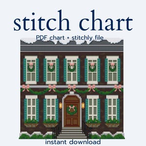 May include: A cross-stitch chart depicting a festive house. The house features green shutters, wreaths, and pink bows. The image includes the text "stitch chart" and "instant download".