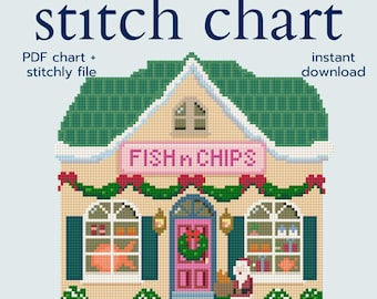 Fish & Chips Christmas Cottage Needlepoint Pattern – PDF Chart + Stitchly File, Modern Christmas Village, 13 Mesh Cross Stitch Chart