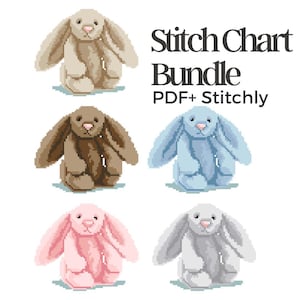 Bundel met borduurpatronen voor konijnen, borduurpatronen voor konijnenornamenten, schattige dierenborduurpatronen, digitale PDF-download via Stitchly.