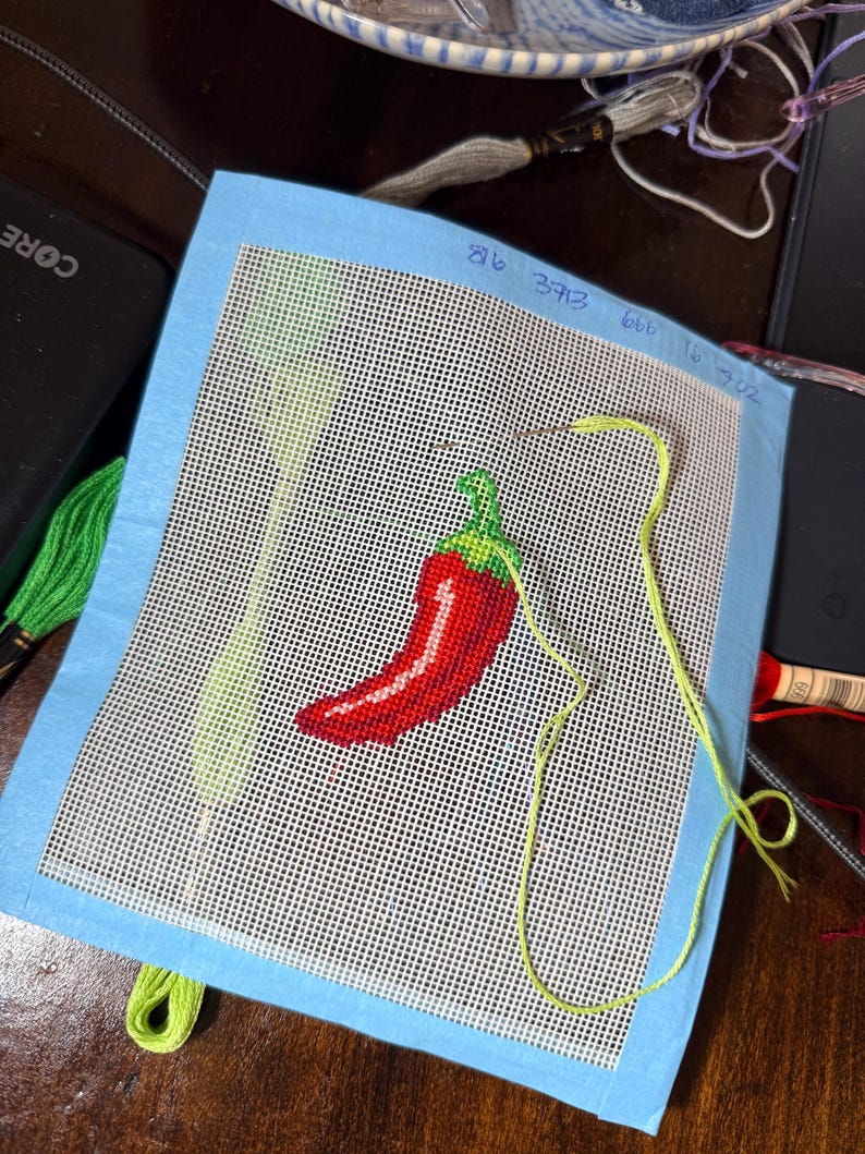 May include: Needlepoint canvas featuring a red chili pepper with a green stem, stitched on a white mesh background. The canvas is bordered with light blue fabric. Embroidery floss in green and yellow is visible, along with the numbers 86, 373, 666, 16, and 702.