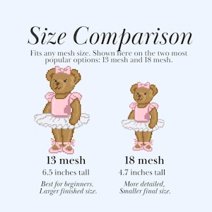 Puede incluir: Una tabla de comparaci&oacute;n de tama&ntilde;os para patrones de punto de cruz con dos osos de peluche marrones en trajes de ballet rosas. El oso izquierdo indica 13 mesh y 16,5 cm de altura. El oso derecho indica 18 mesh y 11,9 cm de altura.