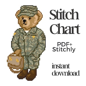 May include: A pixel art illustration of a brown teddy bear wearing a camouflage uniform and matching cap, holding a brown bag. The text reads Stitch Chart, PDF+ Stitchly, and instant download. The design features a tan and green color palette.