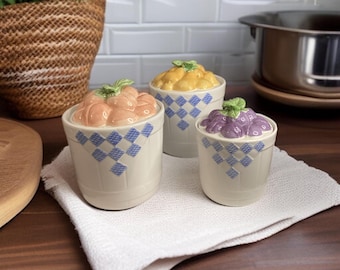 Vintage Treasure Craft Hopscotch Fruit Basket Canister Set, Ceramic Cookie Jar, Dry Storage, Pantry Jars, Peaches, Pears and Plums, Set of 3