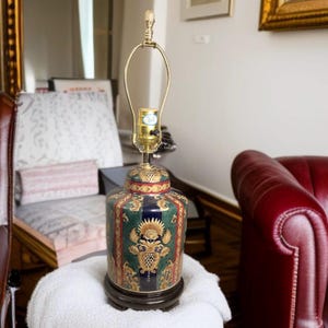Beautiful Vintage Berman Hand Painted Lamp on Wood Base, Asian Lamp, Table Lamp, Accent Lamp, Two Available, Sold Separately