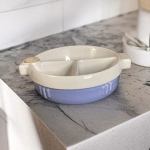 Vintage Hankscraft Divided Baby Food Warmer. Blue and White Ceramic Baby Dish, Infant Dinnerware