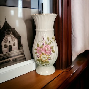 Vintage White Ribbed Vase, Ceramic Pink and White Dogwood Floral Vase with Gold Edge