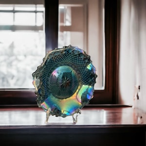 Vintage Indiana Glass Blue Carnival Glass Ruffled Hostess Plate, Iridescent Blue
