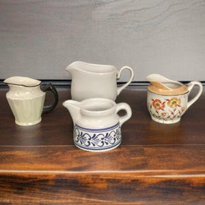 Vintage Cream Pitchers, Pottery Pitchers, Syrup Pitchers, Creamers, Mix Match Assortment Porcelain, Pottery, Ceramic, Glass, SOLD SEPARATELY