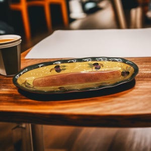 May include: Oval-shaped ceramic serving dish with a yellow interior, decorated with purple fruit and green leaves. The rim is dark green. A brown, rectangular item sits in the center of the dish. The dish is on a wooden surface.