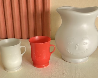 Vintage Novelty Anthropomorphic Mr. Kool-Aid Man Plastic Pitcher and Cups, 1980s  Retro Red, White, OH YEAH! Sold Separately