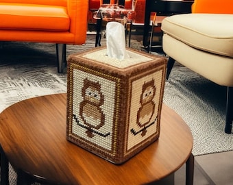 Vintage Orchidea Needlepoint Owl Cube Tissue Box Cover, Retro 1970’s Style