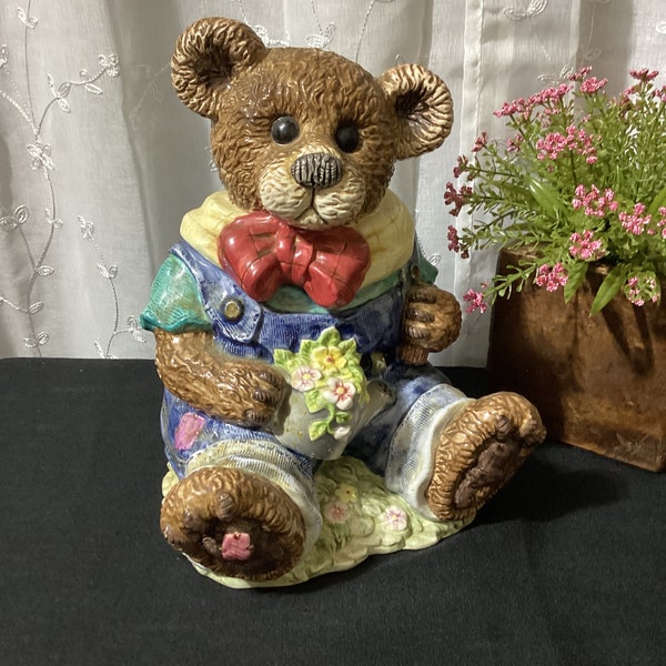 Vintage Garden Teddy Bear Cookie Jar Hand Painted