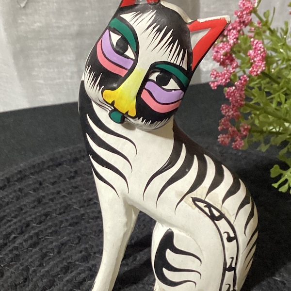 Vintage Wooden Cat, Folk Art, Hand Painted Cat Figurine