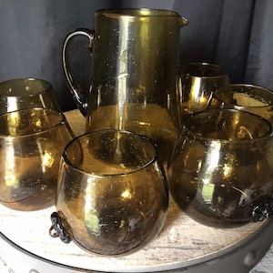 Vintage Handblown Mexico Glass Set, Hand Blown Glass Pitcher and 6 Roly Poly Glasses, Barware Set