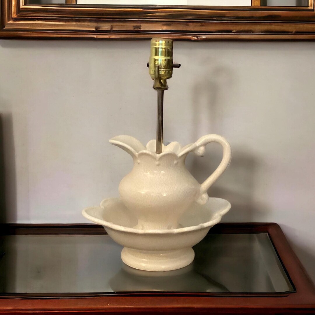 Vintage Lamp, Kitchen Counter Lamp, Wash Bowl Basin, Table Lamp, Ceramic Crackle Finish, White ...
