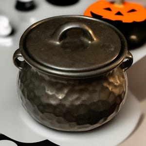 May include: A small, round, dark metallic cauldron with a hammered texture, featuring two side handles and a matching lid with a central handle. The pot has a deep, reflective finish and a rounded body, presenting a classic, compact design.