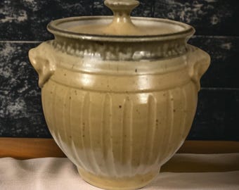 Oversized Fluted Stoneware Canister, Cookie Jar, Beer Jar, Ash Glazed Signed and Dated Lidded Pottery Storage Jar