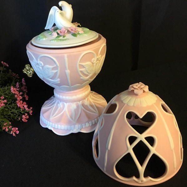Porcelain Music Box Easter Egg and Doves, Avon Collectible, Pink Bisque