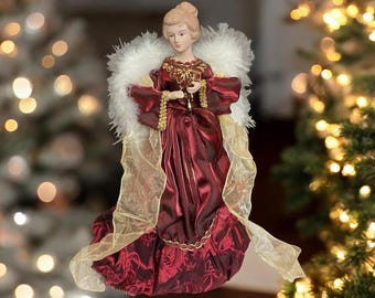 Beautiful Angel Tree Topper, Porcelain Angel, White Feather Wings and Silk Burgundy Christmas Robe Angel Topper, Christmas Decor