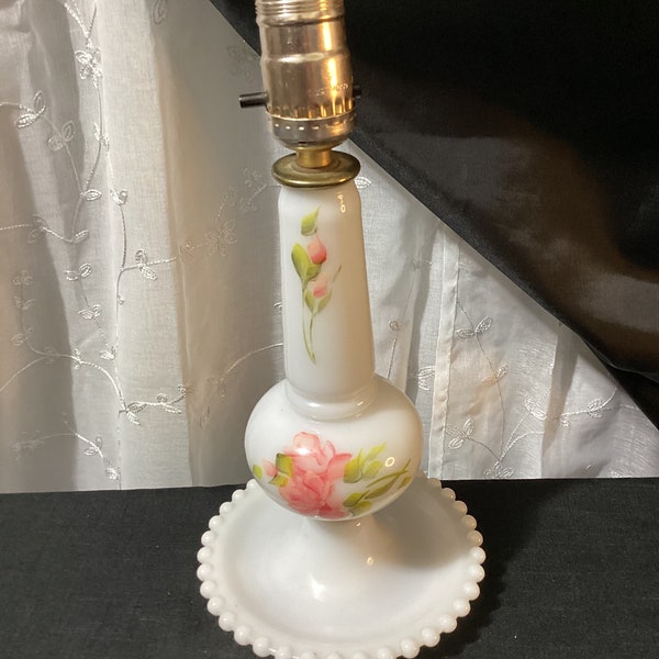 Vintage Milk Glass Hobnail Lamp,  Painted Floral Lamp, White Accent Lamp, Rose Lamp, Beaded Tray