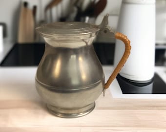 Vintage Pewter Mini Pitcher with Lid, Rattan Wrapped Handle, Single Serve Coffee Pot, Teapot, Hot Water, Creamer, Hinged Lid, Hotel Coffee