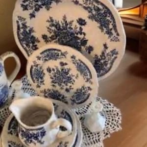 Vintage, SEARS Blue  Carnation Plates, Bowls, Cups, Saucers, Creamer, Sugar, Serving Bowl, Ironstone, Sold Individually